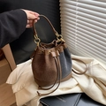 Retro patchwork bucket bag in brown tweed and leather with golden hardware accents - Brown and Black (18928)