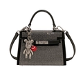 Elegante borsa nera stile Kelly con strass scintillanti e ciondolo a forma di orso - Con Ciondolo / Versione Media