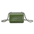 Dettaglio mini borsa verde scuro in pelle lucida con catena d'argento e scritte - Verde