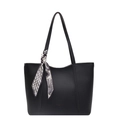 Black litchi leather tote bag with elegant printed silk scarf and gold logo detail - Black