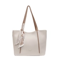 Off-white lychee grain tote bag with brown handles and decorative floral silk scarf - Off White