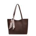 Brown litchi grain tote bag with silk scarf decoration and gold fashion trend lettering - Coffee