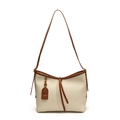 Elegante bolso tote beige con correas marrones y textura de cuero granulado para mujer - Marrón