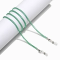Detail of green metal glasses chain with lobster clasp and silicone loop on a white stand - Green