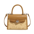 Detail of trendy Kelly bag with embossed cartoon bear and bicolor leather stitching - Yellow