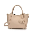Beige litchi grain leather bucket bag with elephant charm and adjustable strap - Khaki