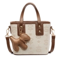 Sac seau en cuir beige et marron avec breloque chien et finitions dorées chic - Sans Pendentif / Blanc Cassé