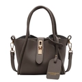 Dark grey pebble leather bucket bag with gold hardware and logo hangtag detail - Gray