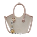 Beige trapezoid handbag with pink handles and a golden dog pendant in retro style - No Pendant / White & Pink