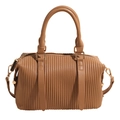 Chic pleated caramel brown Boston handbag with gold hardware and top handles - Khaki