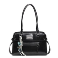 Sac bandoulière rétro noir brillant avec pendentif chiot et poignées supérieures - Avec Pendentif / Noir