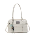 Sac sous le bras minimaliste en cuir blanc avec pendentif ours et détails argentés - Avec Pendentif / Blanc Cassé