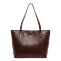 Bolso tote grande de cuero sintético marrón oscuro con placa dorada y correas largas al hombro - Marrón
