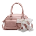 Bolso bowling rosa de cuero sintético con lazo de encaje blanco y cadena de perlas - Rosa
