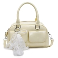 Pale yellow Boston bag in synthetic leather featuring front pockets and lace pearl charms - Yellow