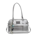 Silver metallic shoulder bag with striped scarf and cute puppy charm accessory - Silver