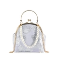 Elegant purple floral jacquard evening clutch with pearl handle and golden chain - Purple