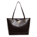 Bolso tote marrón oscuro de cuero sintético con grano fino y placa metálica dorada - Marrón