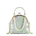 Green and silver floral jacquard qipao handbag with pearl handle and gold chain strap - Green