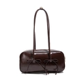 Dark brown glossy patent leather shoulder bag with delicate ribbon bow accents - Brown