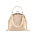 Pink vintage jacquard handbag with gold floral embroidery and decorative pearl handle - Pink