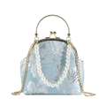 Light blue floral jacquard clutch with pearl handle and gold kiss-lock closure - Blue