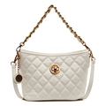 Elegante weiße Stepp-Eimertasche mit goldener Kette und rundem Metallverschluss - Weiß