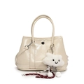 Glossy cream PU leather handbag with plush cloud charm and detachable shoulder strap - White