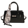 Elegant black patent leather handbag with a patterned silk scarf and silver lock - Black