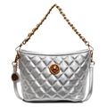 Elegant silver quilted crossbody bag with golden chain strap and metallic diamond pattern - Silver