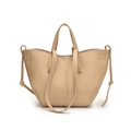 Borsa tote minimalista in pelle beige con design a trapezio e tracolla sottile inclusa - Cachi