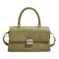 Olive green square baguette bag with metallic silver buckle and rigid top handle - Green