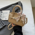 Khaki mini crossbody bag in lychee leather with silk scarf and silver lock clasp - Khaki