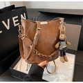Brown vintage leather bucket bag with braided chain and cute rabbit charm accessory - Large (With Pendant) / Khaki