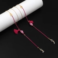 Bohemian eyewear chain with pink tassels, floral metal pieces and ceramic beads on black - Rose Red