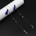 Golden and blue beaded eyewear chain with silk tassels and non-slip silicone loops - Blue