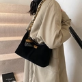 Retro black suede hobo shoulder bag with woven gold chain and mini pouch charm - Black