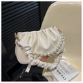Detailed view of off-white pleated cloud bag featuring premium pearl chain and PU leather texture - Off White