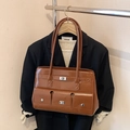 Sac bandoulière vintage marron avec multi-poches et fermoirs rotatifs argentés - Brun (Sans Pendentif)
