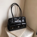 Glossy black PU leather tote bag with silver metallic buckles and three front pockets - Black (No Pendant)