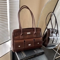 Deep brown vintage leather shoulder bag with multiple pockets and silver metal buckles - Dark Coffee (No Charm)