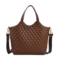 Quilted coffee tote bag with diamond pattern and adjustable wide shoulder strap - Brown
