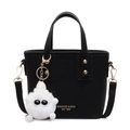 Schwarze Vintage-Beuteltasche aus Filz mit weißem Plüsch-Anhänger und Gold-Logo - Schwarz Mit Anhänger