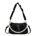 French style white pleated cloud bag with pearl chain and adjustable shoulder strap - Black