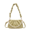 Creamy yellow pleated cloud bag featuring pearl chain strap and adjustable cross-body strap - Yellow