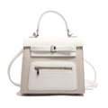 Elegante tweekleurige beige en bruine handtas met fijne kiezellederen textuur - Wit