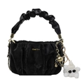Schwarze Handtasche mit Raffung, goldener Kette und flauschigem Monster-Anhänger für Damen - Schwarz