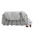 Pleated silver crossbody bag with metal chain strap and cute plush doll pendant - Silver