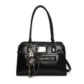 Glossy black leather handbag with silver logo plate and unique Holy Bible charm - Black With Pendant
