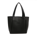 Minimalist black tote bag in lychee textured faux leather with spacious front pocket - Black